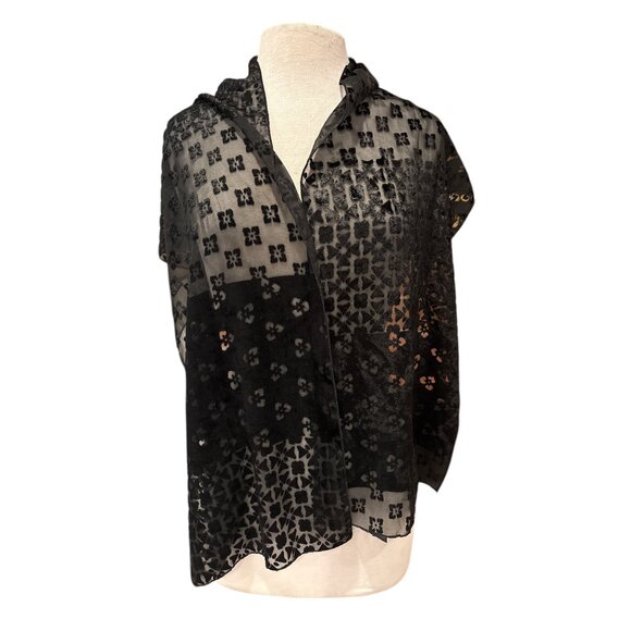 Black Floral Pattern Sheer Scarf Wrap 100% Polyester Made In Korea - Picture 2 of 5